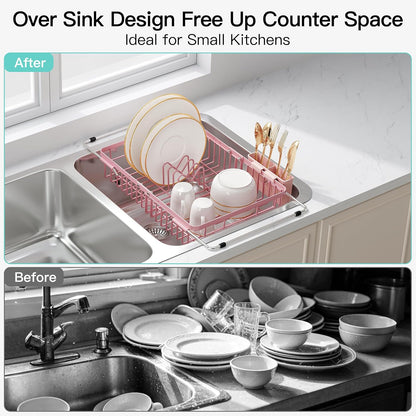 JASIWAY Dish Drying Rack in Sink, Expandable Stainless Steel Dish Drainers for Kitchen Counter, Dish Dryer Rack for Inside Sink, Over The Sink Dish Racks with Utensil Holder, Silver
