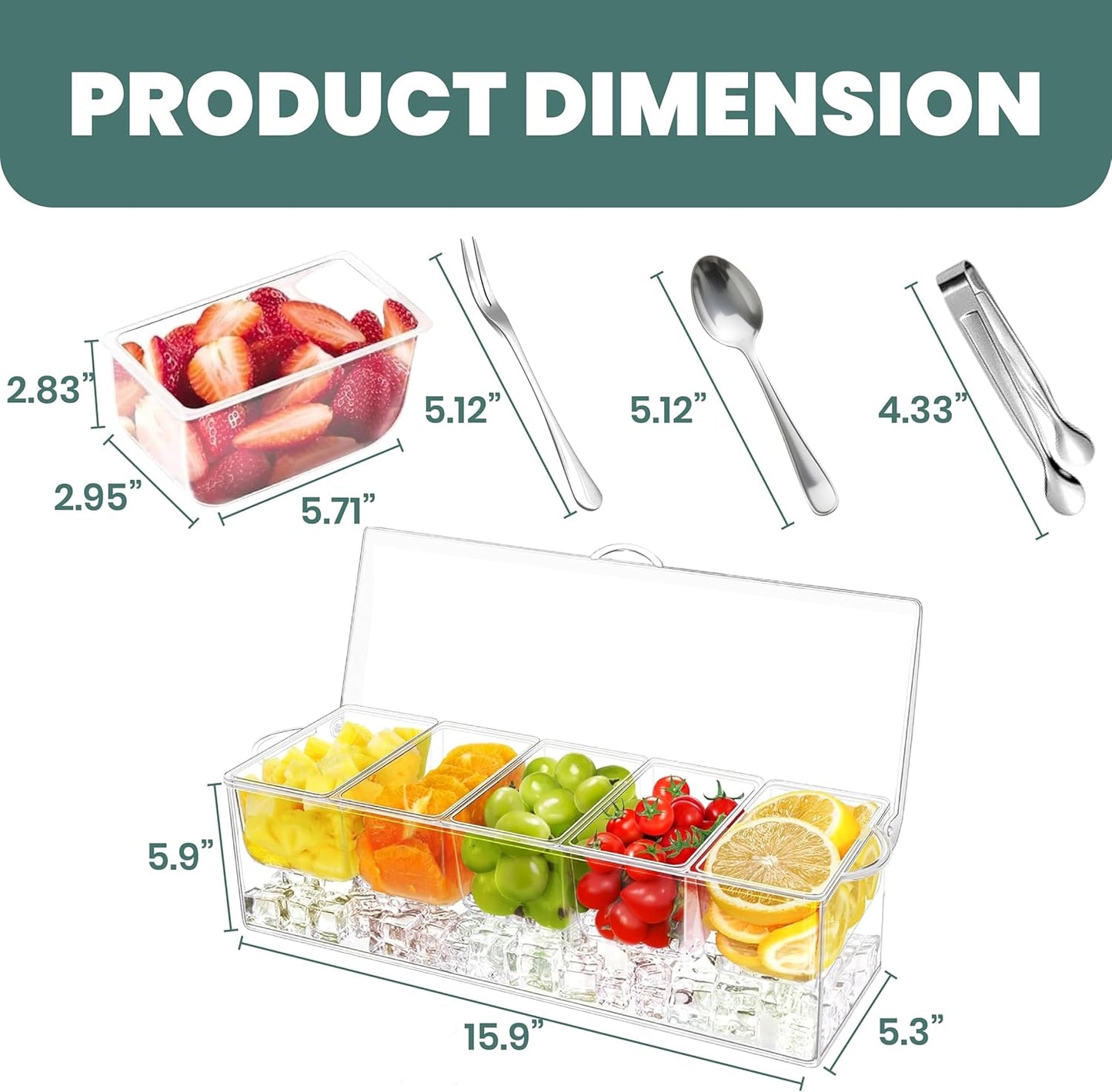 𝐋𝐚𝐫𝐠𝐞 Ice Chilled Condiment Server Caddy with 5 Removable Compartments (2.5 Cup), Clear Garnish Tray with Lids – Fruit, Salad, Taco, Bar Platter – Free Stainless Steel Accesories