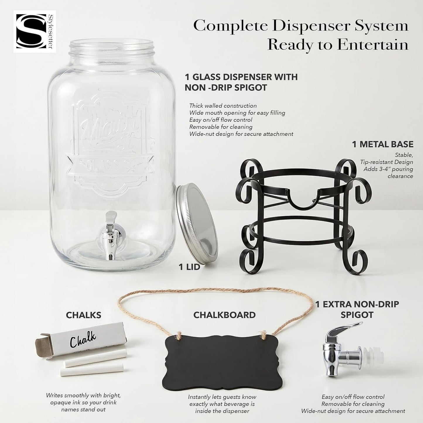 Style Setter Beverage Dispenser Cold Drink Dispenser Glass Jug, Metal Stand & Leak-Proof Acrylic Spigot Great for Parties, Weddings & More (With Metal Rack)