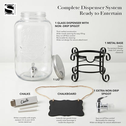 Style Setter Beverage Dispenser Cold Drink Dispenser Glass Jug, Metal Stand & Leak-Proof Acrylic Spigot Great for Parties, Weddings & More (With Metal Rack)