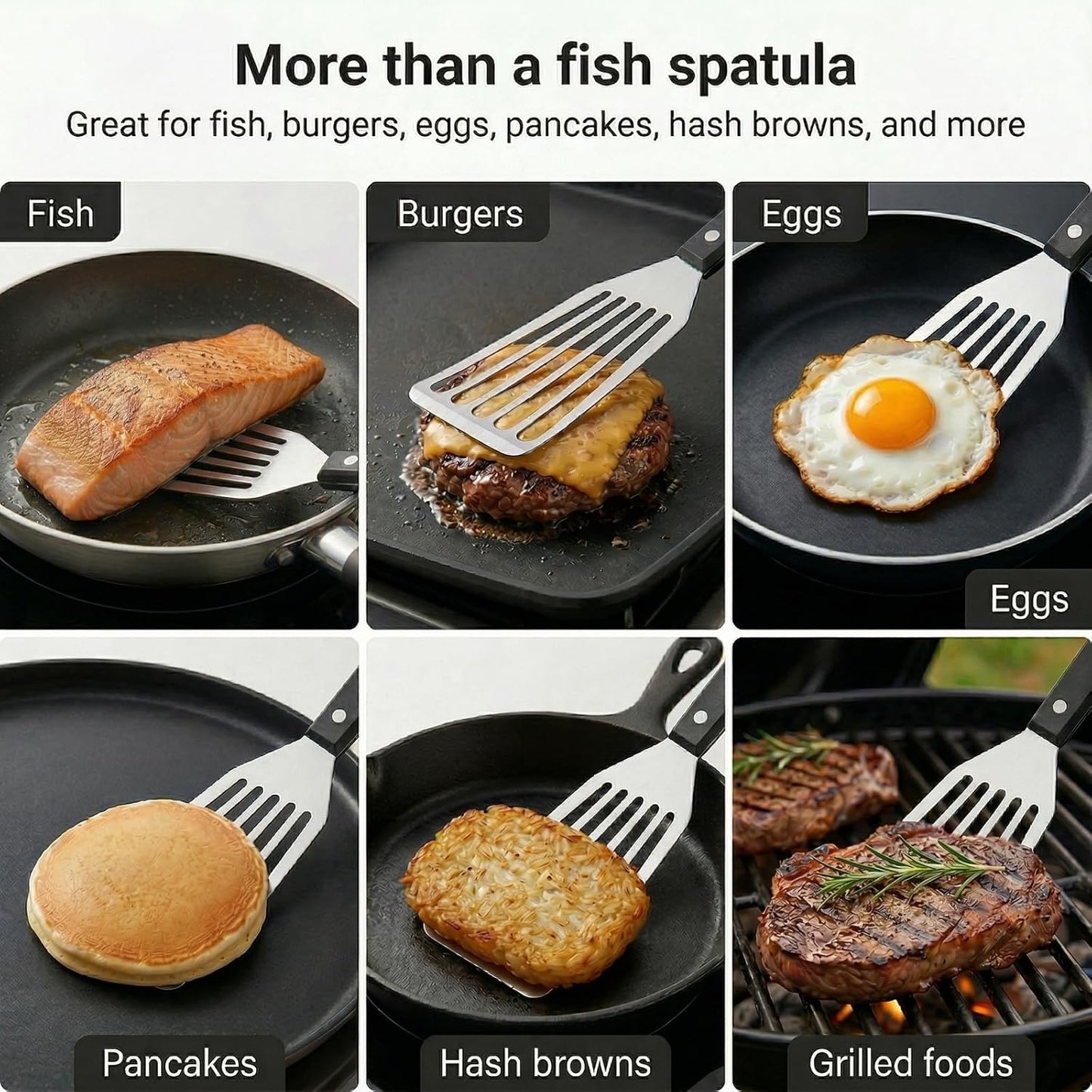 Fish Spatula, 12" Stainless Steel Slotted Turner for Cast Iron & Griddle | Firm 1.2 mm blade gives steady support for fish, burgers, eggs and pancakes; beveled front edge helps slide under food.