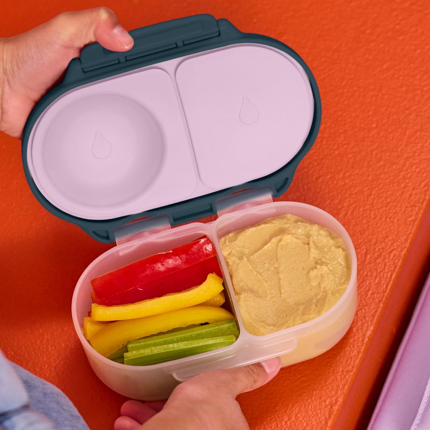 b.box Snack Box 2-Pack - Leak Proof Mini Bento Box for Kids & Toddlers, 2 Compartment Snack Containers for Kids, Dishwasher Safe, BPA-Free, PFAS-Free, Ages 4mo+, 1 3/4 Cup Each (Strawberry + Lilac)