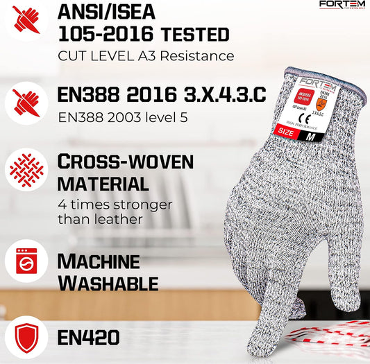 FORTEM Cut Resistant Gloves - Level 5 Protection, ANSI 100% Food Grade