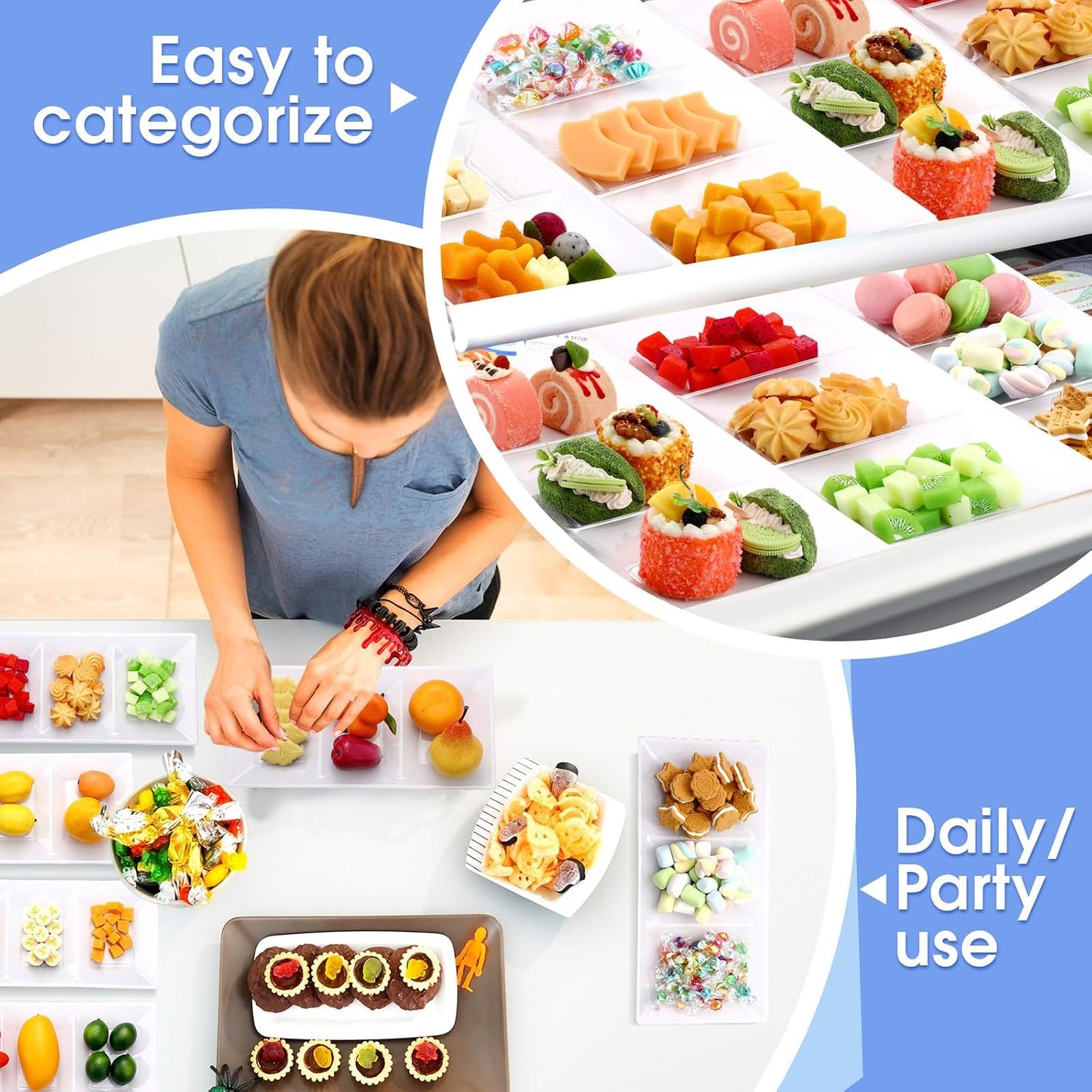 Ziliny 20pcs Black 3 Section Serving Tray Bulk Serving Dish Compartment Appetizer Tray Plastic Dessert Platter Divided Disposable Plate for a Tini Bit Older Party