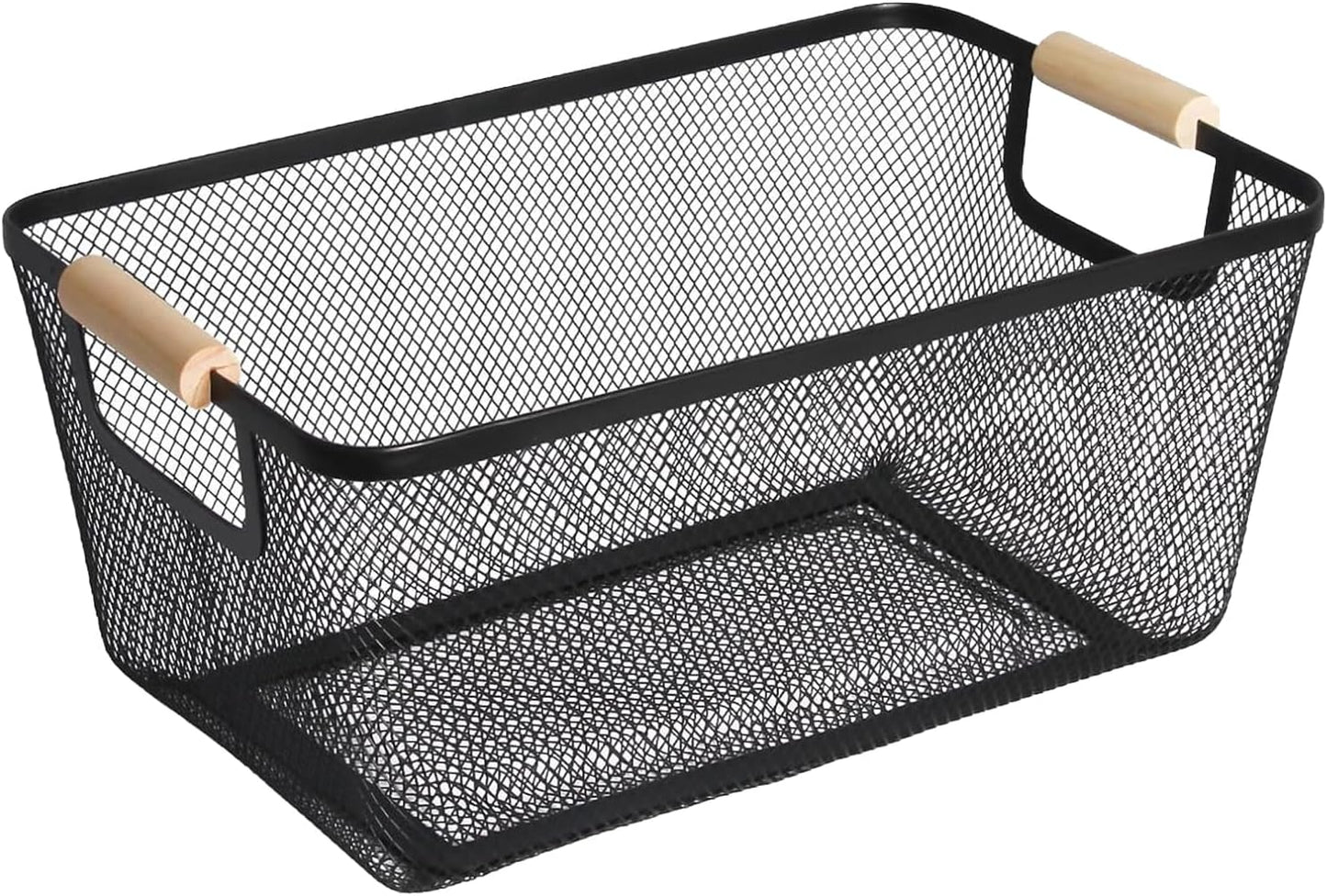 AJIODA Metal Mesh Steel Basket, Large Wire Storage Organizer Basket Multi-function Hanging Kitchen Baskets with Wood Handle for Kitchen Bathroom Picnic Home, Rectangle-Black
