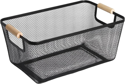 AJIODA Metal Mesh Steel Basket, Large Wire Storage Organizer Basket Multi-function Hanging Kitchen Baskets with Wood Handle for Kitchen Bathroom Picnic Home, Rectangle-Black