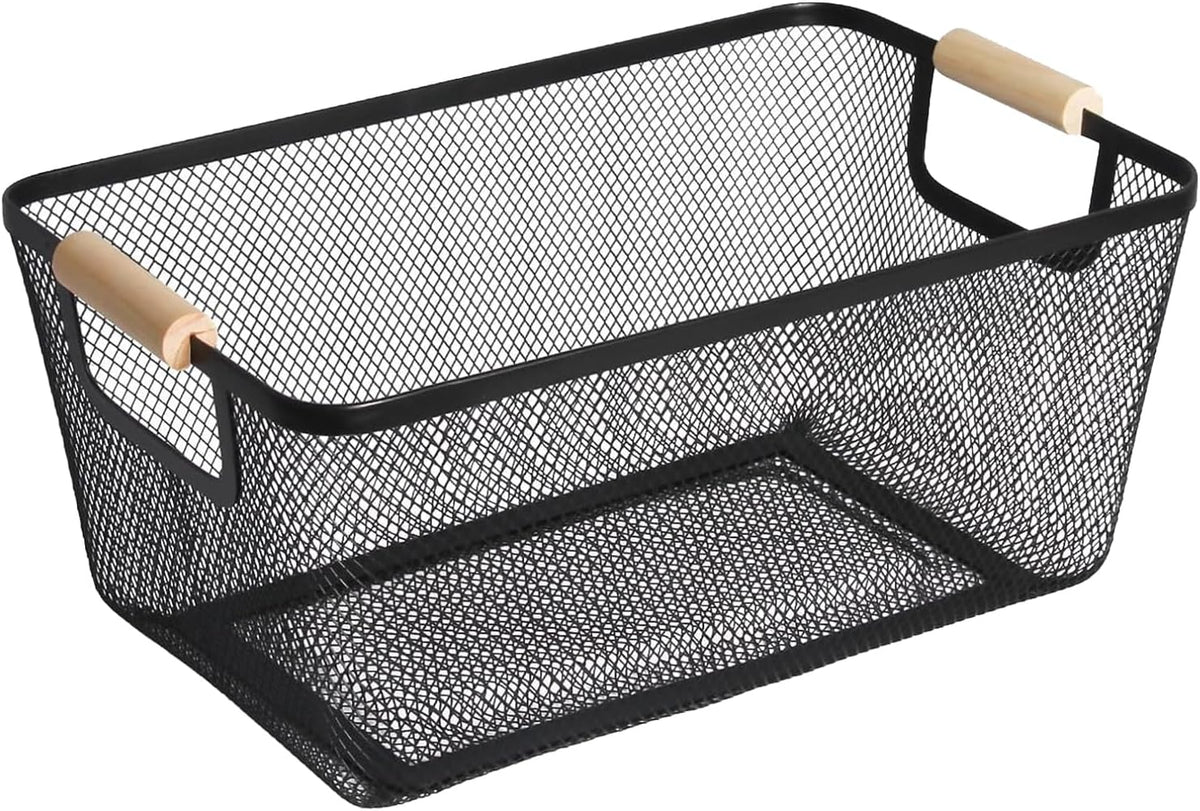 AJIODA Metal Mesh Steel Basket, Large Wire Storage Organizer Basket Multi-function Hanging Kitchen Baskets with Wood Handle for Kitchen Bathroom Picnic Home, Rectangle-Off White