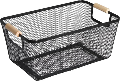 AJIODA Metal Mesh Steel Basket, Large Wire Storage Organizer Basket Multi-function Hanging Kitchen Baskets with Wood Handle for Kitchen Bathroom Picnic Home, Rectangle-Off White