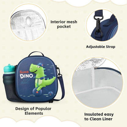 Kids Lunch Box for Kids Insulated Reusable Lunch Bag Tote Durable Children Leak-proof Lunchbox with Adjustable Shoulder Strap for School Daycare Travel Picnic (Navy - 3D Dinosaur)