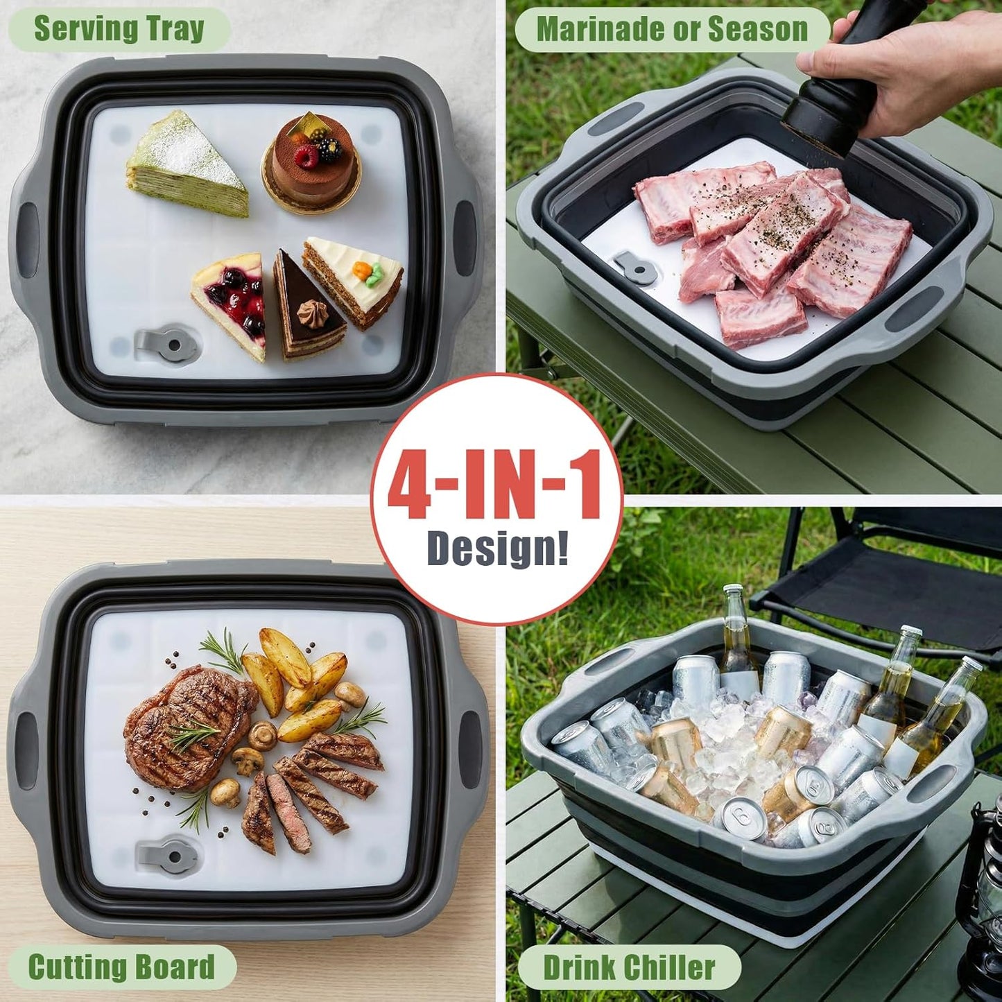 2 Pack Collapsible BBQ Prep Tub with Lid 2 Gal (8 L) 4-in-1 Marinating Tub Cutting Board Serving Tray Drink Chiller for Meal Prep Marinating Food, Grilling Picnic Camping BBQ Outdoor