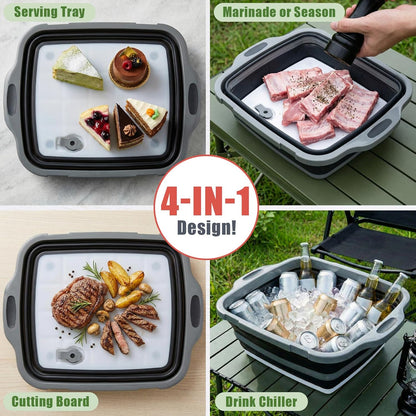 2 Pack Collapsible BBQ Prep Tub with Lid 2 Gal (8 L) 4-in-1 Marinating Tub Cutting Board Serving Tray Drink Chiller for Meal Prep Marinating Food, Grilling Picnic Camping BBQ Outdoor