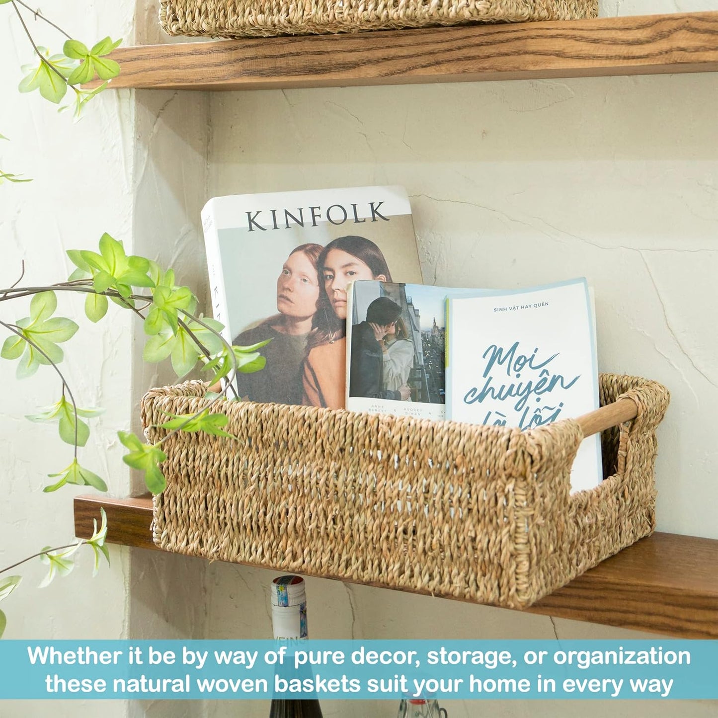 VATIMA Water Hyacinth Storage Baskets with Large Open-Front for Kitchen, Decorative for Living Room, 13.4” x 9.5” x 5.5”, 2 Pack