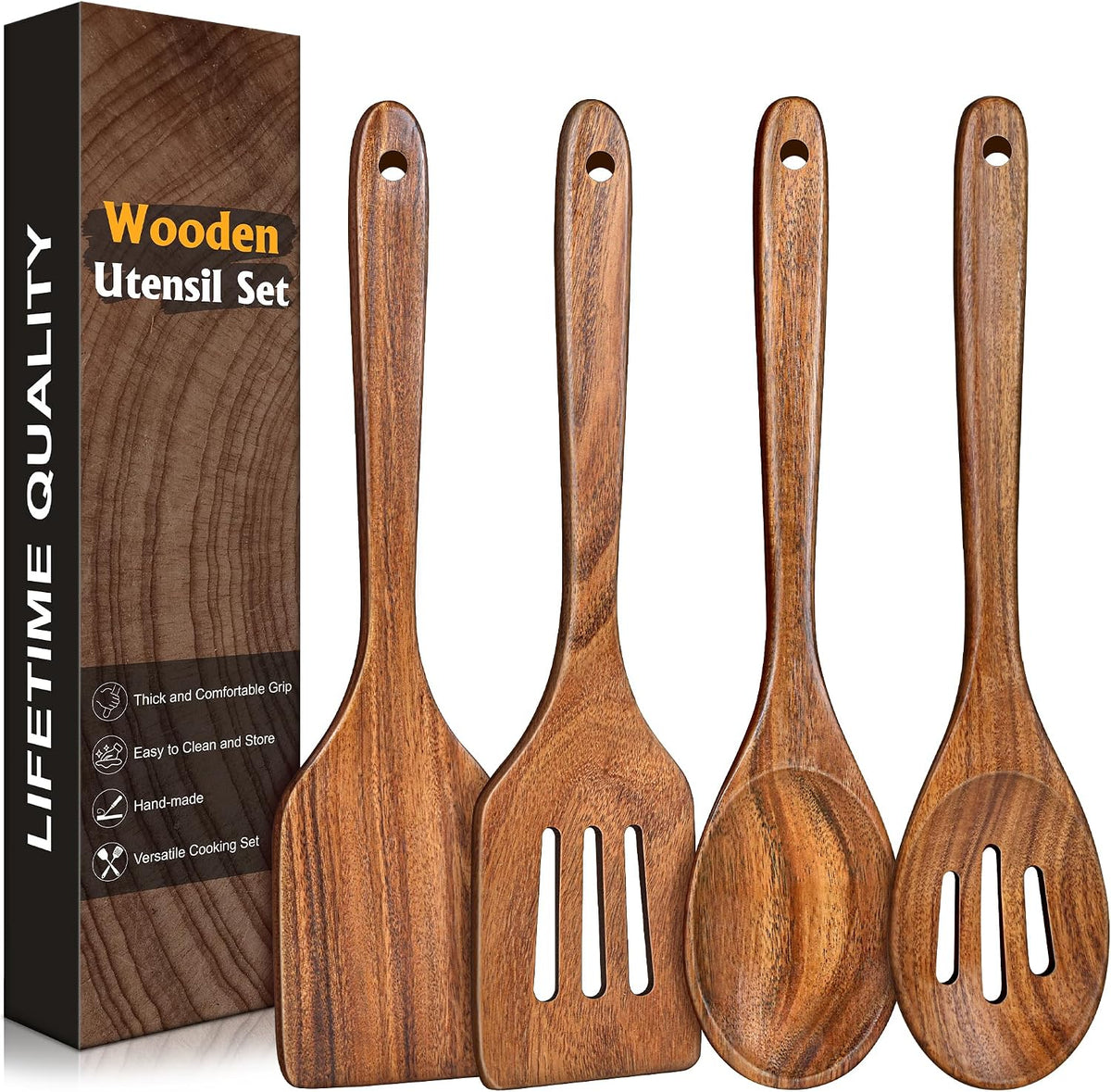 Wooden Spatula, Acacia Solid & Slotted Turner Spatula Set, Long Handle Flat Frying Spatulas, Ideal Kitchen Gift for Mother and Grandma, Kitchen Utensils Set for Cooking, Frying, Baking