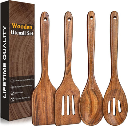 Wooden Spatula, Acacia Solid & Slotted Turner Spatula Set, Long Handle Flat Frying Spatulas, Ideal Kitchen Gift for Mother and Grandma, Kitchen Utensils Set for Cooking, Frying, Baking
