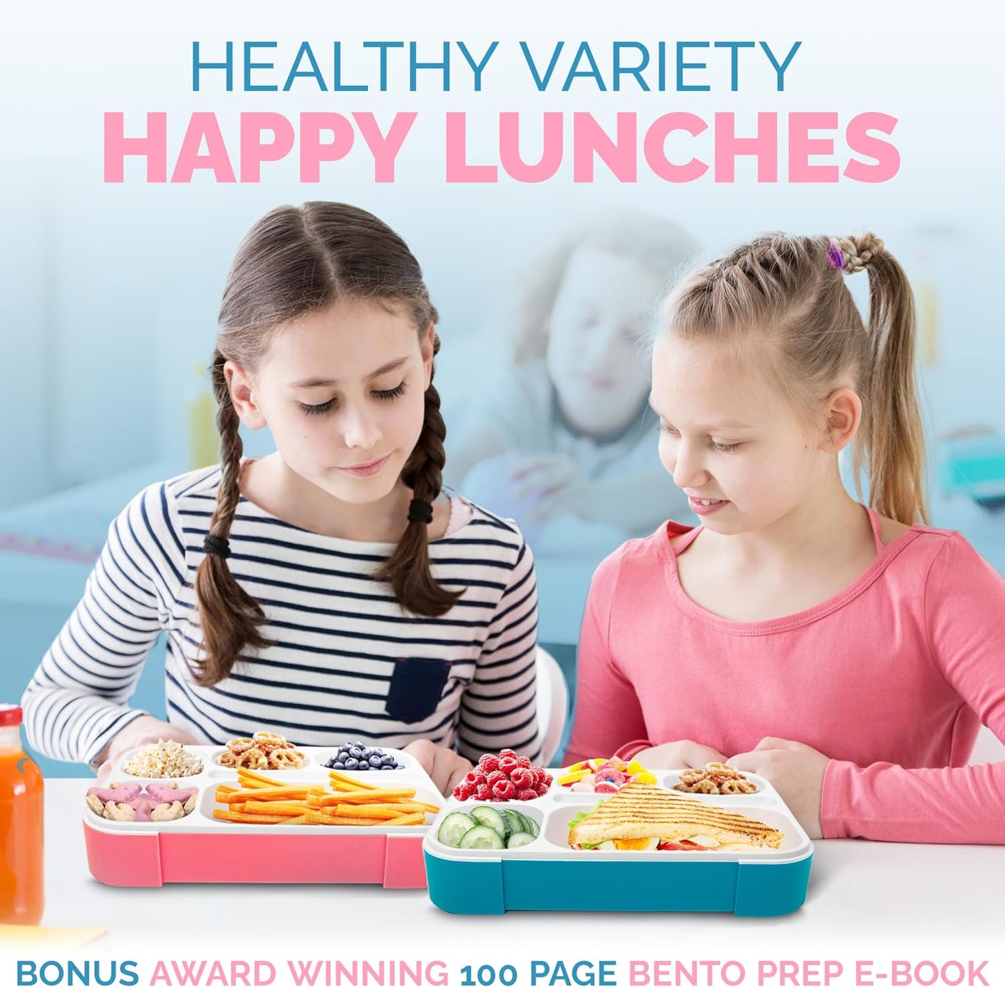 Glitter Lunch Box for Girls, Bento Boxes for School, Pre-School, Toddler Daycare, Travel. Kids Snack Containers, 6 Divided Leak Proof Compartments, BPA Free, Cute 2 Pack Set, Utensils, Pink & Purple