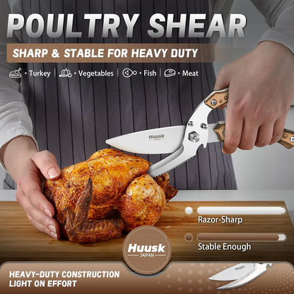 Huusk Kitchen Scissors All Purpose Poultry Shears Heavy Duty Ultral Sharp Detachable Kitchen Shears for Chicken Bone Turkey Silvery Stainless Steel Cooking Shear Thanksgiving