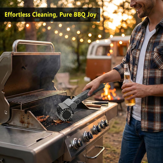 Electric Grill Brush 3-in-1 Kit – Cordless BBQ Cleaner with Reinforced Safe Metal Bristles – 2 Hours Runtime, Waterproof & Dishwasher Safe Removable Brushes for Deep Cleaning (Red Wood Coating)