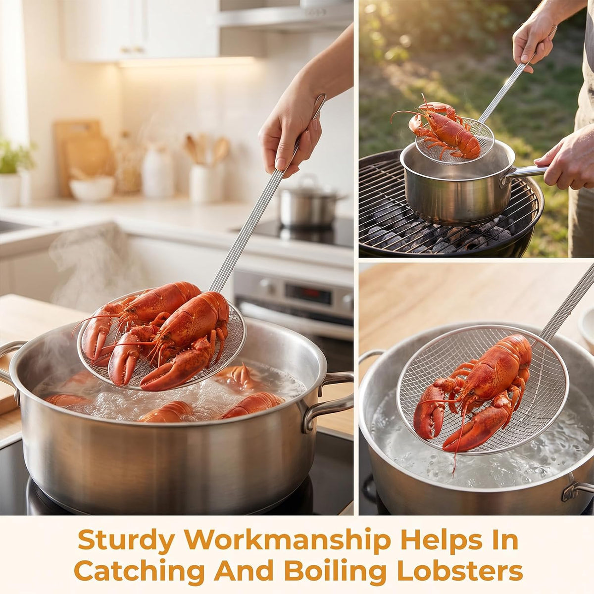 2 Pcs 17.7 Inch Stainless Steel Skimmer Round Plated Wire Strainer Fryer Spoon Mesh Stirring with Long Handle, Food Strainer Skimmer Spoon for Kitchen Fried Food Cooking Straining Frying