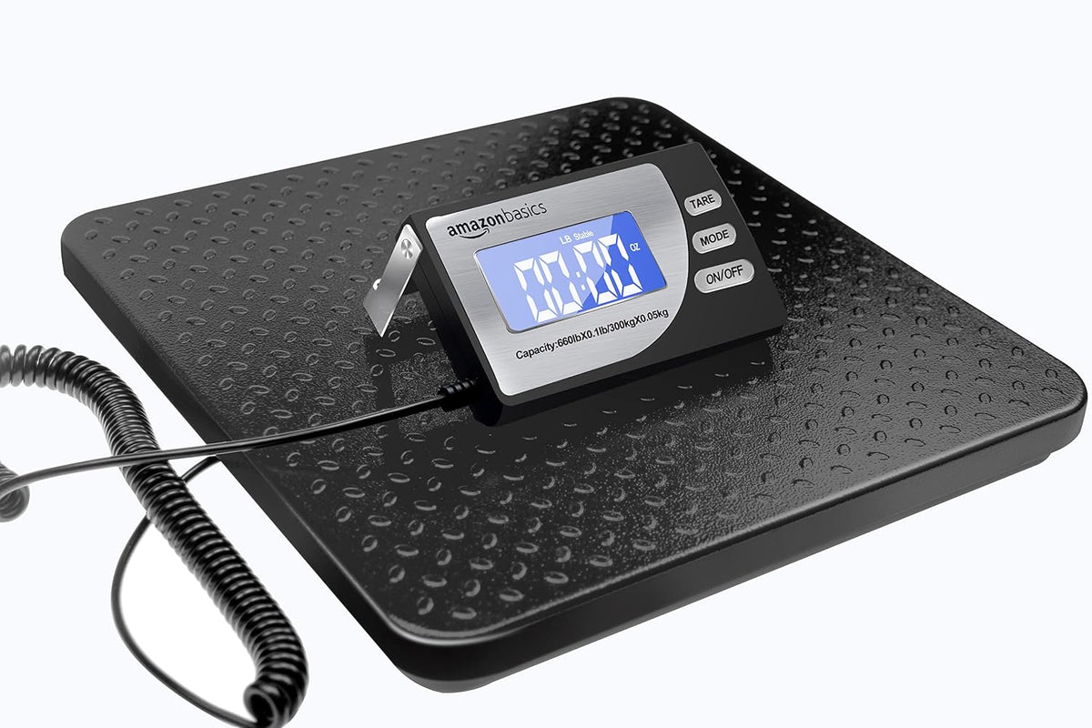 Amazon Basics Digital Postal Shipping Scale with Tare Function, AC Adapter, 65 lb Capacity, 0.1 oz Readability, LCD Display, Black