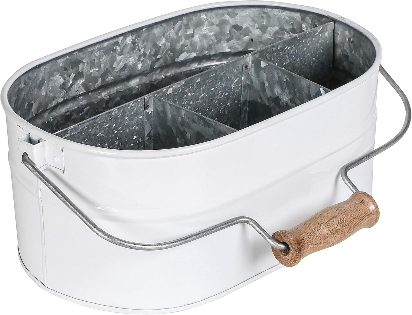 Alpha Living Home Galvanized Metal Utensil Caddy - Rustic Farmhouse Organizer Metal Garden Caddy with 4 Compartments and Wooden Handle for Kitchen, Buffet & Outdoor Events (Silver)