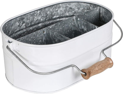 Alpha Living Home Galvanized Metal Utensil Caddy - Rustic Farmhouse Organizer Metal Garden Caddy with 4 Compartments and Wooden Handle for Kitchen, Buffet & Outdoor Events (Silver)