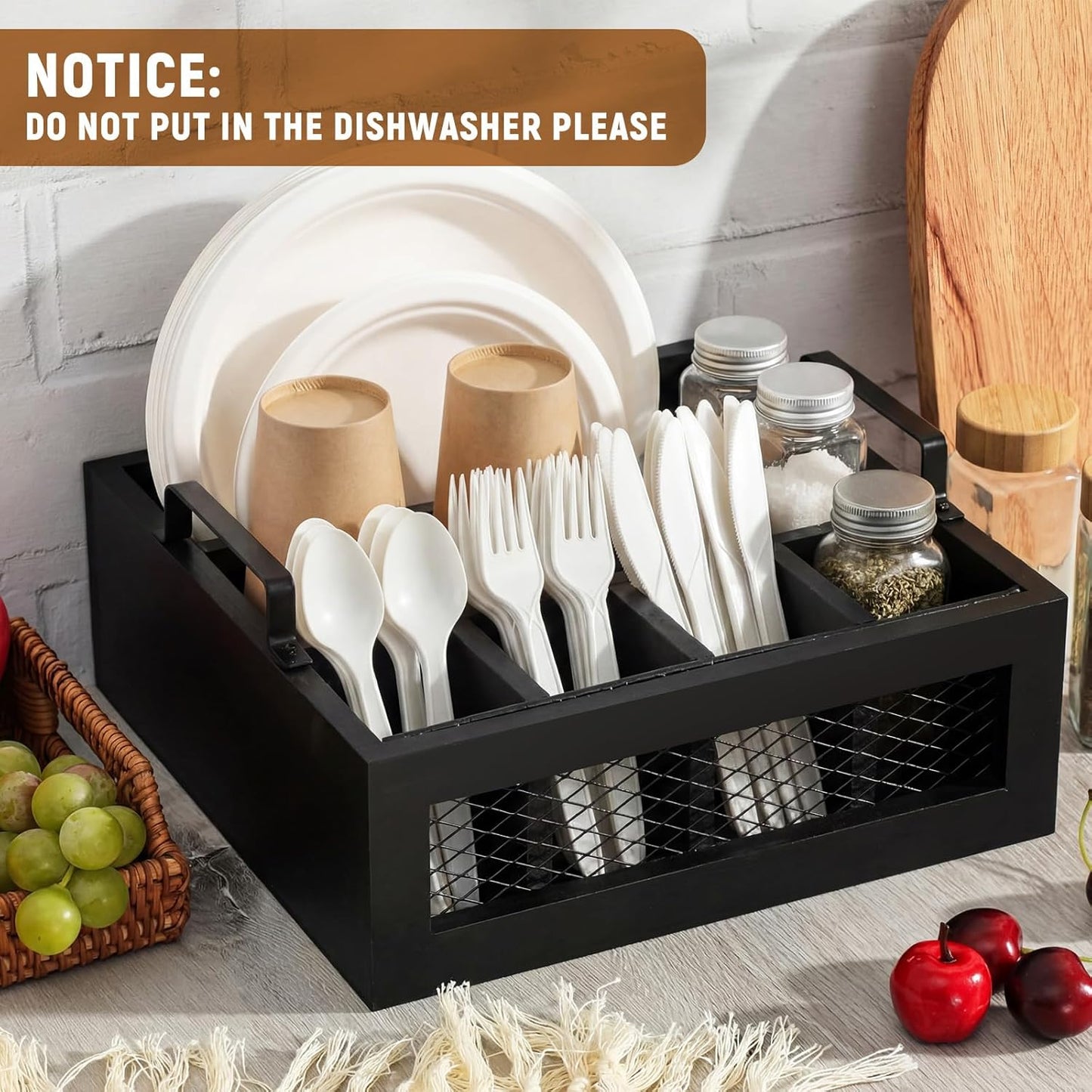 Mimorou Farmhouse Wooden Napkin Paper Plate and Utensil Holder Caddy Kitchen Utensil Holder Farmhouse Rustic Cutlery Flatware Organizer for Party Caddy Spoon Forks Napkins(Distressed White)