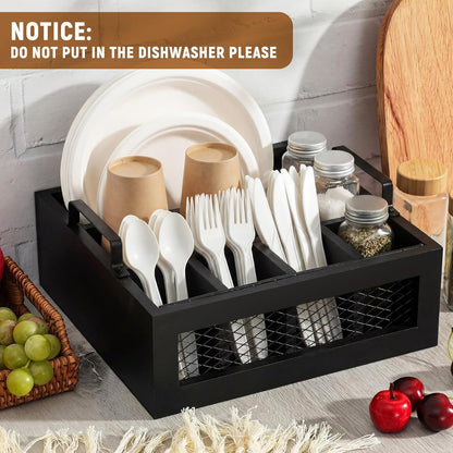 Mimorou Farmhouse Wooden Napkin Paper Plate and Utensil Holder Caddy Kitchen Utensil Holder Farmhouse Rustic Cutlery Flatware Organizer for Party Caddy Spoon Forks Napkins(Distressed White)