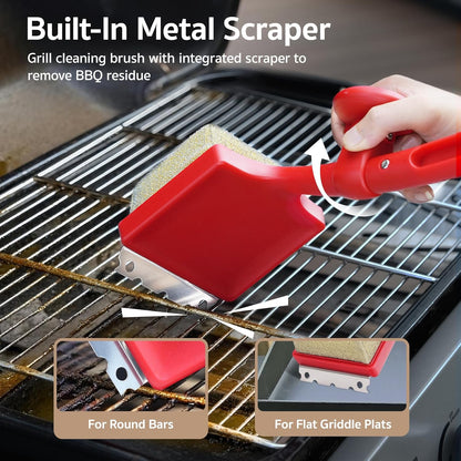GASPRO Steam Grill Brush Bristle Free for Outdoor Grill, BBQ Grill Cleaning Brush with Replaceable Scrub Sponge Head & Scraper, Ergonomic Handle, Safe for Stainless Steel, Cast Iron & Porcelain Grate
