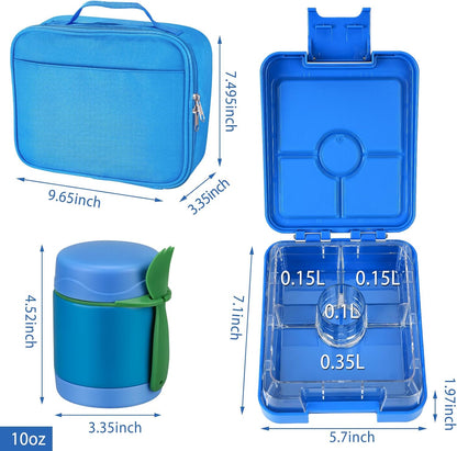 Bento Lunch Box Set for Kids with 10oz Soup Thermo, Leak-Proof Lunch Containers with 4 Compartment, Kids Thermo Hot Food Jar and Insulated Lunch Bag for Kid to School,BPA-Free(Dragon)