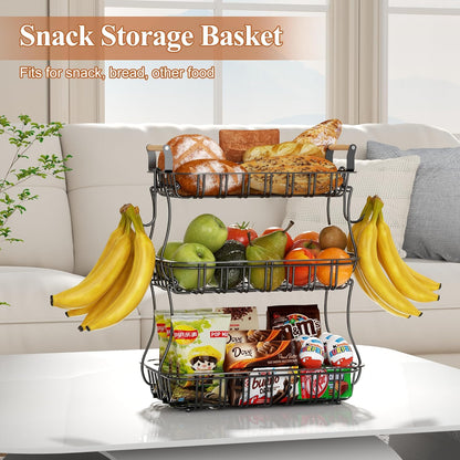 3 Tier Fruit Basket with 2 Banana Hooks, Large Capacity Multifunctional Detachable Sturdy Fruit Bowl with Wooden Handle Mesh Top for Kitchen Counter, for Bread Snacks Vegetables Produce, Black