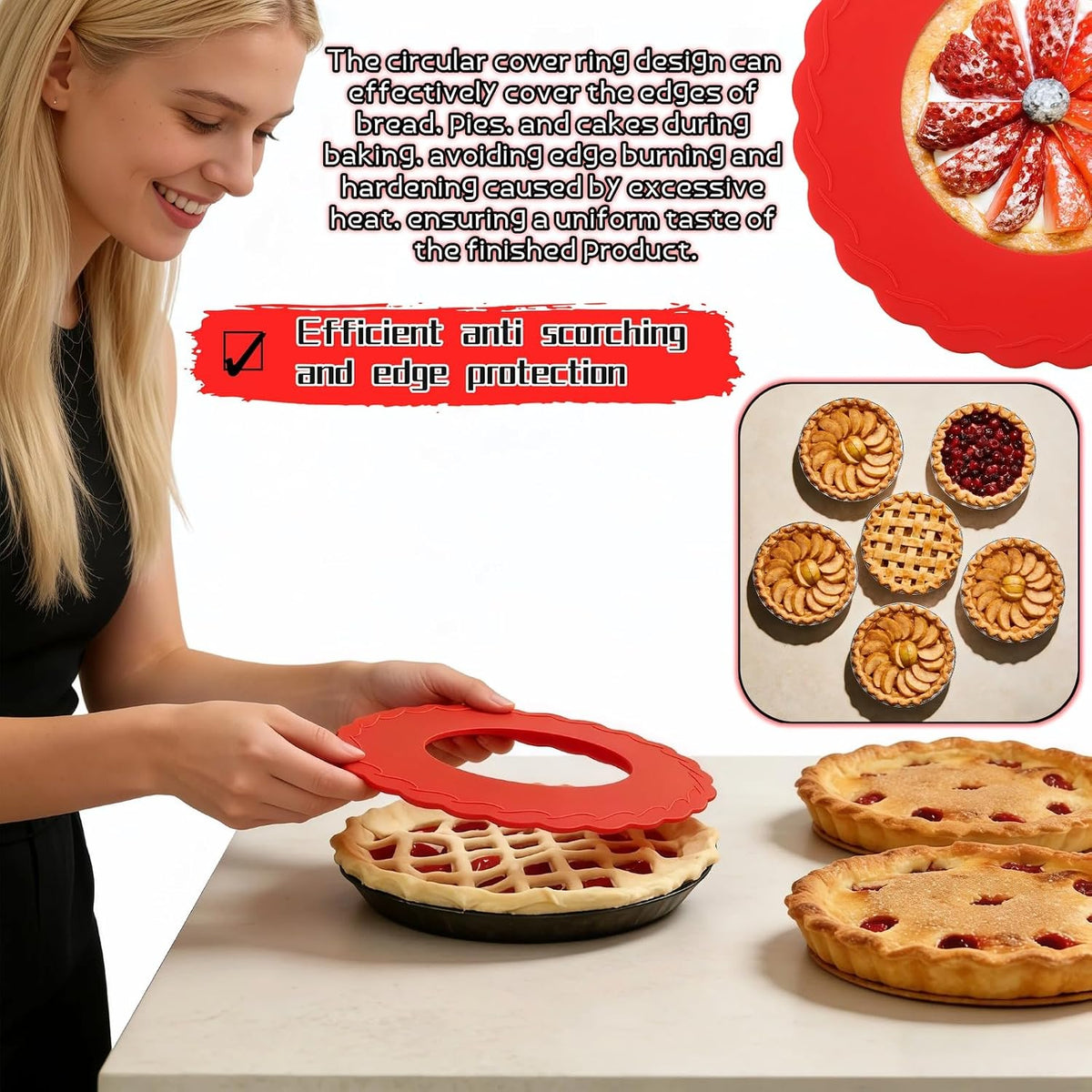 Silicone Mini Pie Crust Protectors Set of 2 - Non-Stick Pie Shields for 5-6 Inch Pies, Prevents Over-Browning | Oven-Safe Baking Accessories (Red)
