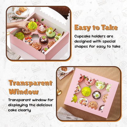 RYDDOY 4 Pack Cupcake Boxes, Hold 12 Standard Cupcakes, Cupcake Containers with Window and Inserts, High Grade Cupcake Holder, for Birthday Holiday Party, Supplies for Cupcakes, Desserts and More
