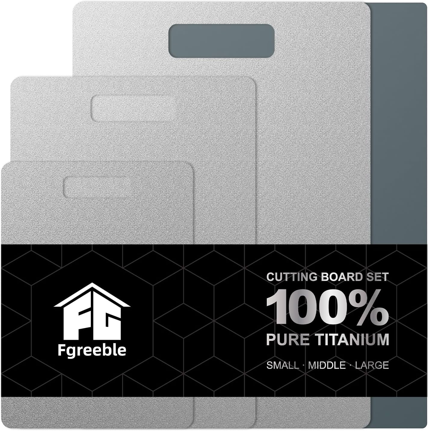 Titanium Cutting Board Set of 3, 100% Pure Titanium Food-Grade Cutting Boards for Kitchen with Silicone Pad, Ideal Cooking Camping Cutting Tool, Double-Sided Design, Dishwasher Safe (S+M+L)