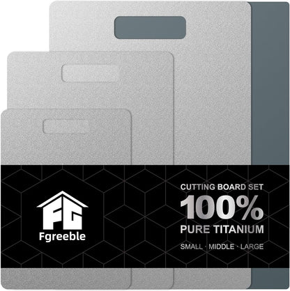 Titanium Cutting Board Set of 3, 100% Pure Titanium Food-Grade Cutting Boards for Kitchen with Silicone Pad, Ideal Cooking Camping Cutting Tool, Double-Sided Design, Dishwasher Safe (S+M+L)