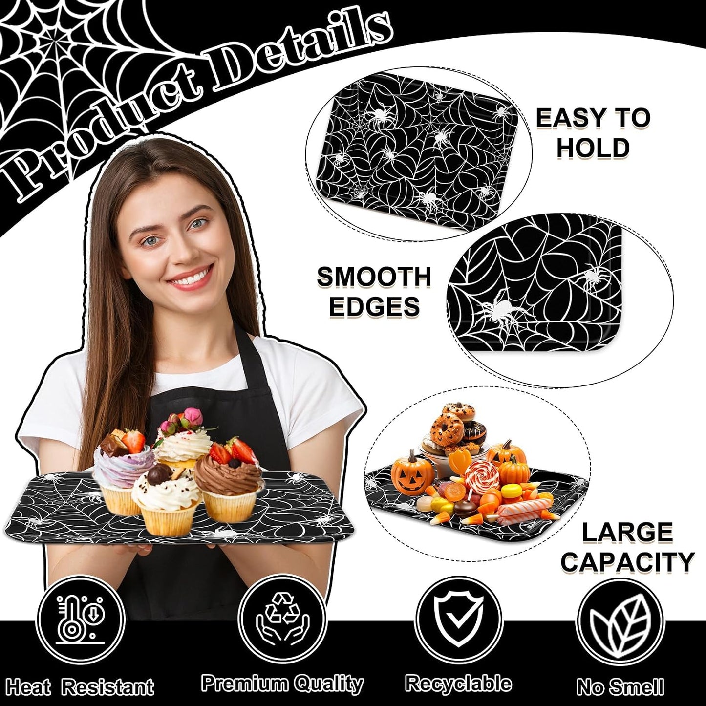 Whaline 3 Pcs Halloween Serving Trays Black White Spider Webs Reusable Melamine Trays Platters for Movie Night Birthday Holiday Party Food Supplies, 10 x 13 Inch