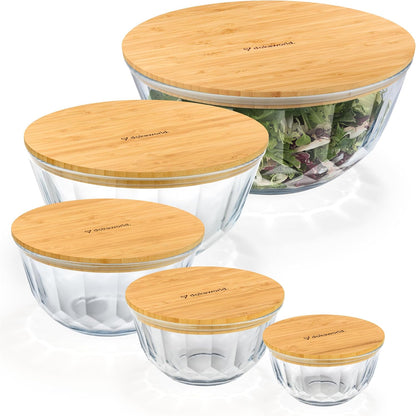 Set of 4 Stackable Space-Saving Nesting Glass Bowls with Airtight Acacia Lids for Lunch, Meal & Food Prep - Microwave & Oven-ready BPA Free Durable Heat Resistant Inert Borosilicate Glass