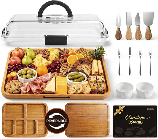 Renmxj Charcuterie Boards with Lid Gift Set, 2 in 1 Travel Portable Cheese Board with Knives Set, Carbonized Bamboo Charcuterie Tray, Housewarming Gifts New Home, Picnic, Wedding Gifts, Black Handle