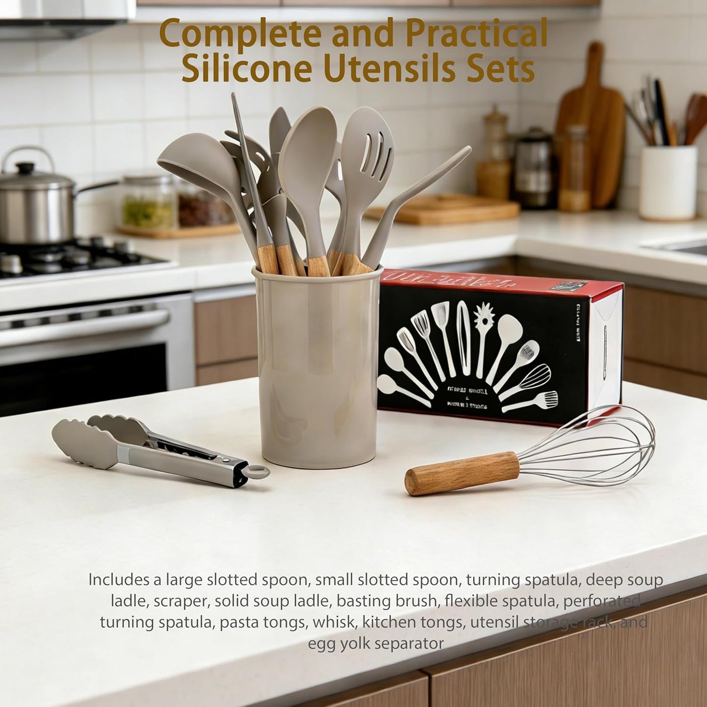Silicone Cooking Utensils Set - 446°F Heat Resistant Silicone Kitchen Utensils Set, Spatula,Turner Tongs, Spoon, Whisk,Kitchen Gadgets for Nonstick Cookware, BPA Free（Black）
