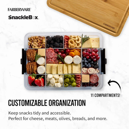 Farberware Small Build-a-Board Snacklebox with Locking Plastic Cutting Board Lid, Portable Charcuterie Storage with 7 Compartments