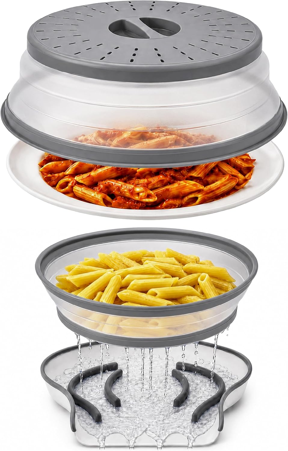 Gevoli Collapsible Microwave Splatter Cover with Strainer Draining Base (Gray)