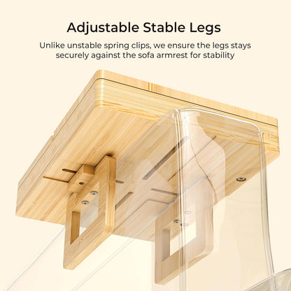 Wealone Bamboo Couch Arm Tray with 2 Rotatable Tray, Adjustable Sofa Arm Clip Table with Storage Box & 360° Phone Holder, Couch Armrest Table for Snacks, Drinks or Dining