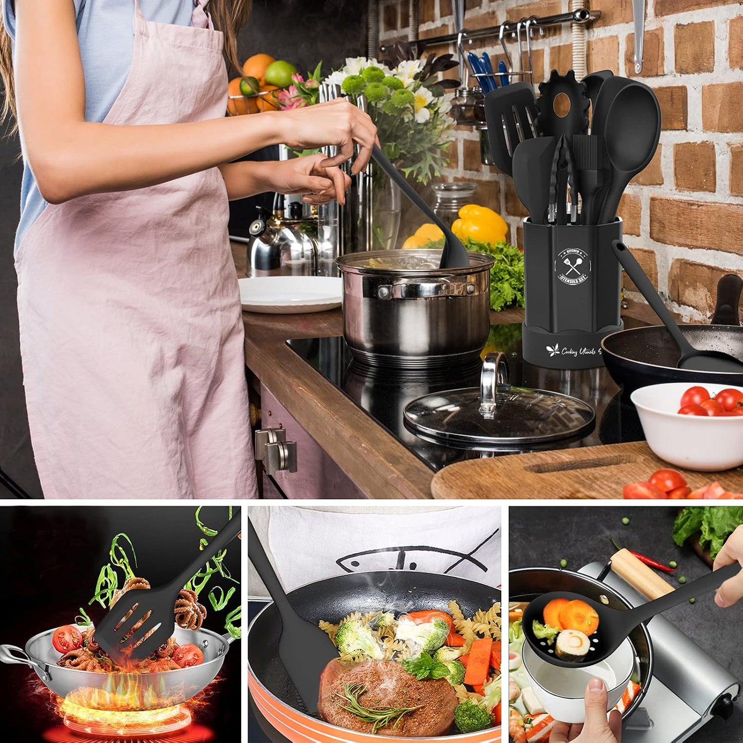 Silicone Kitchen Utensils Set, 16-Piece Silicone Cooking Utensils by Deedro, Heat Resistant Kitchen Tools Set with Holder, Nonstick Spatula Kitchen Gadgets for Cooking & Baking, Colorful
