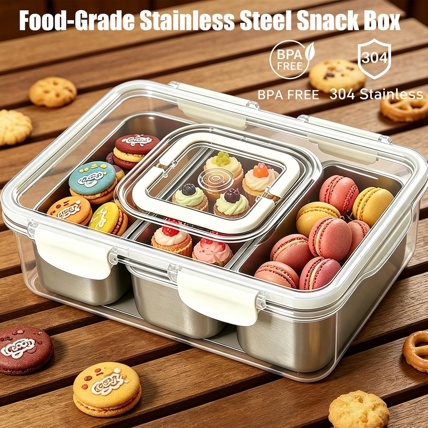 Snackle Box Container, Stainless Steel Divided Serving Tray with Lid and Handle, Large Snack Tray for Fruit Veggie Candy, 8-Compartment Snack Platter for Travel Party Beach Picnic