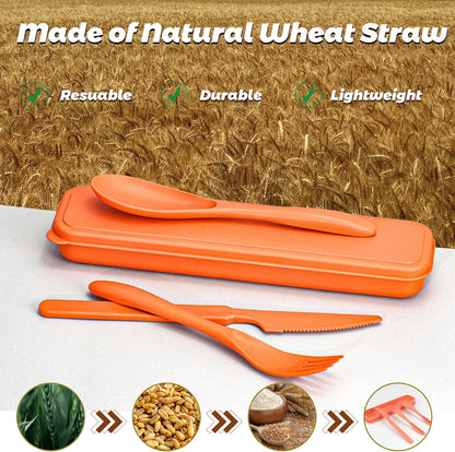 Reusable Travel Utensils Set with Case, 4 Sets Wheat Straw Portable Plastic Fork Spoons Knife Camping Cutlery, Eco-Friendly BPA Free Lunch Tableware Travel Picnic Silverware for Kids Adults Daily Use