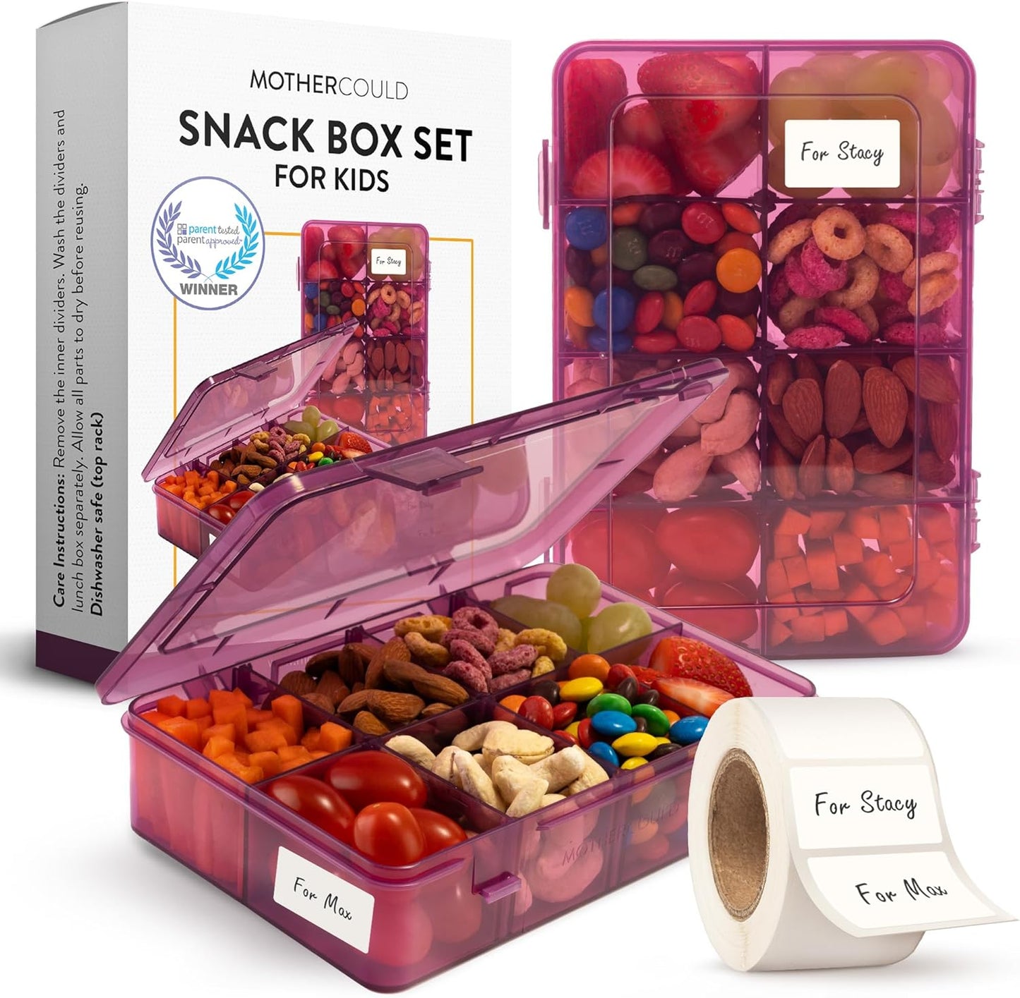 Large Kids Snack Box Containers Set of 2 -100 Labels, BPA-Free, Adjustable Compartments, Dishwasher Safe, Reusable Tray, Food Grade, Meal Prep Container, PARENT TESTED PARENT APPROVED AWARD (Clear)