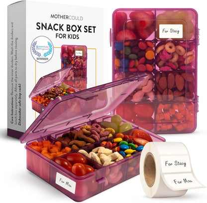 Large Kids Snack Box Containers Set of 2 -100 Labels, BPA-Free, Adjustable Compartments, Dishwasher Safe, Reusable Tray, Food Grade, Meal Prep Container, PARENT TESTED PARENT APPROVED AWARD (Clear)