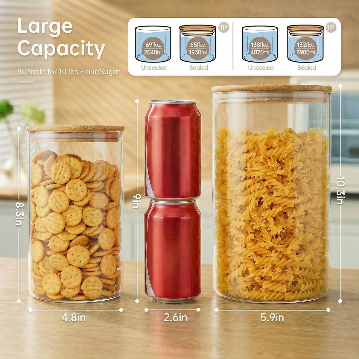 32oz - 4 Pack Glass Jars with Bamboo Lids, Glass Pantry Storage Containers with Airtight Lids, Round Air Tigh Food Storage Canisters for Cereal, Pasta, Flour, Sugar, Rice, Best for Kitchen Organizer