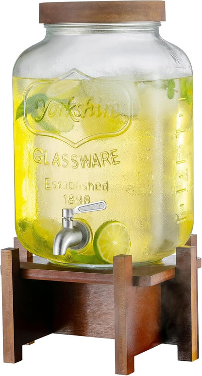 Drink Dispenser with Wood Stand and Lid,2 Gallon Glass Beverage Dispenser with Stainless Steel Spigot for Parties,Picnics,Barbecues,Lemonade,Sun tea Jar,ice coffee,Laundry Detergent Dispenser