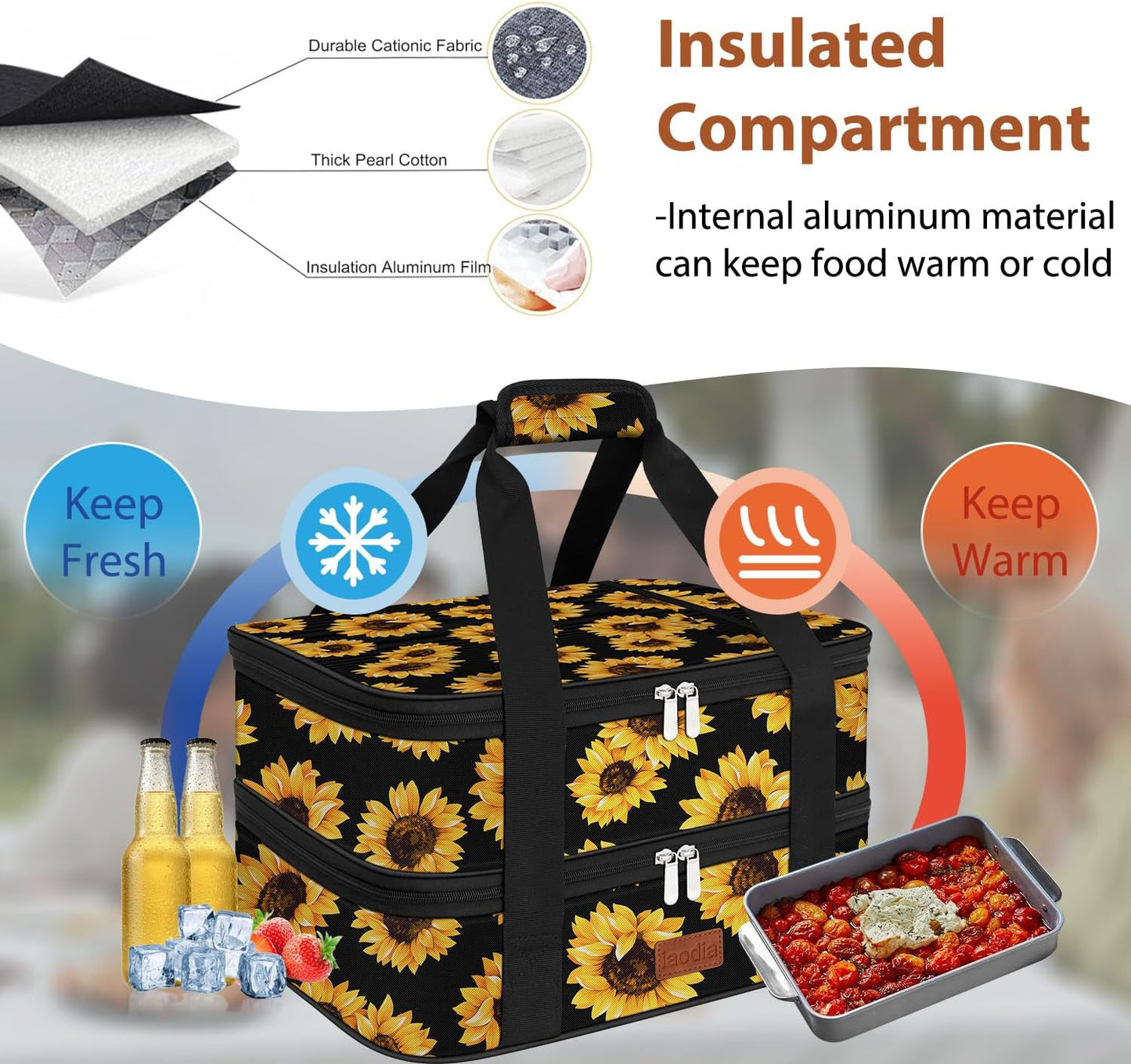 Insulated Casserole Carrier Bag, Expandable Thermal Food Carrier Insulated Travel Carry Bag for Hot or Cold Food for Picnic Cookouts Potluck Parties Fits 9" x 13" Baking Dish (Blue)