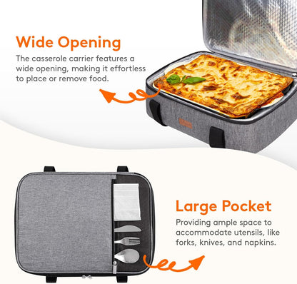 Lifewit Insulated Double Decker Casserole Carrier for Hot or Cold Food, Casserole Dish Carrying Case, Lasagna Holder for Potluck Parties, Picnic and Cookouts, Fits 9"x13" Baking Dish, Grey